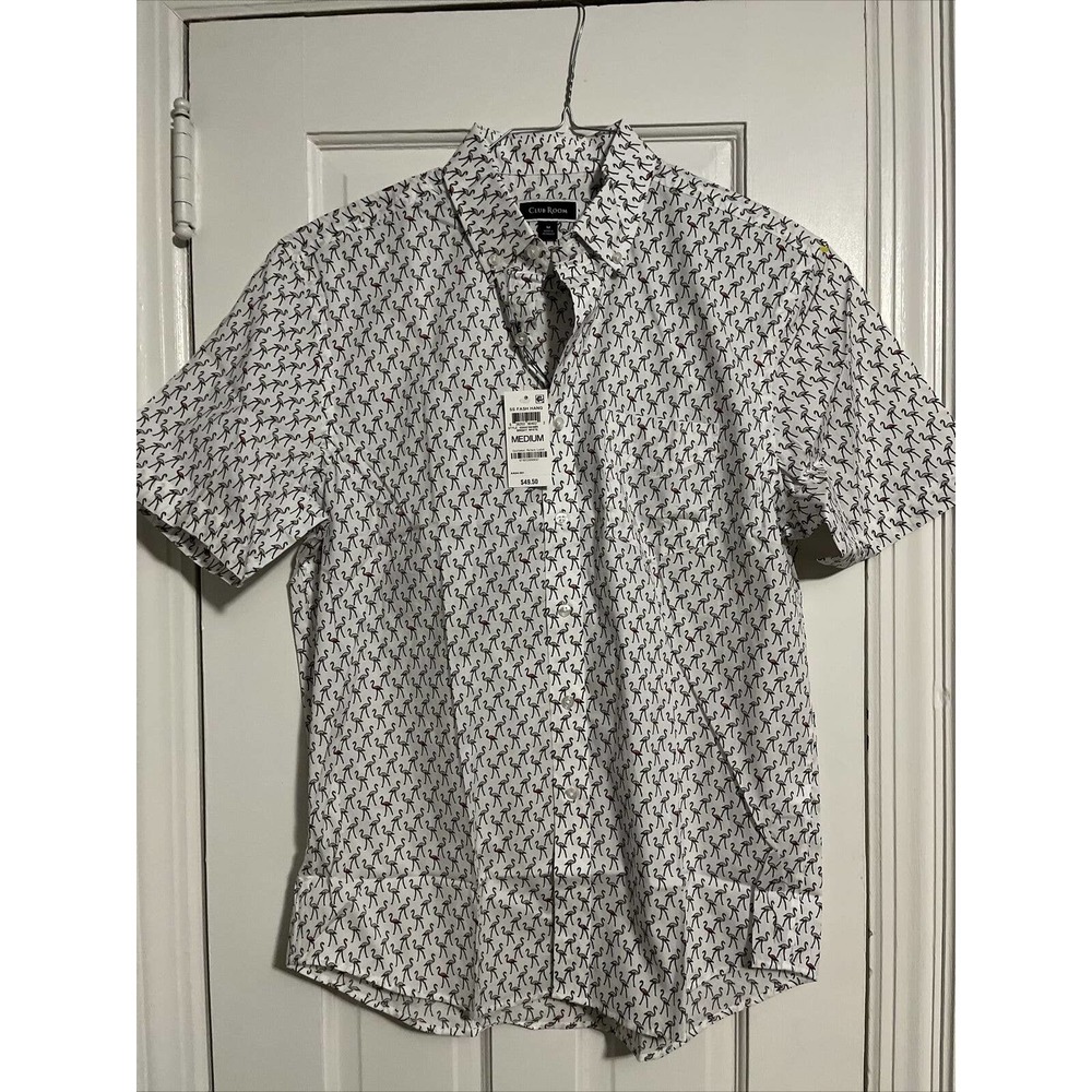 Club Room Mens Medium White W Pink Flamingos Short Sleeve Button Shirt